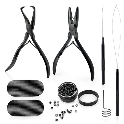 Gomake Microlinks Hair Extensions Kit, Hair Extension Closer and Removal Pliers, Micro Beads Pulling Hook & Microbead Loop Tool, Micro Links Silicone Rings Bead 200PCS(Black)