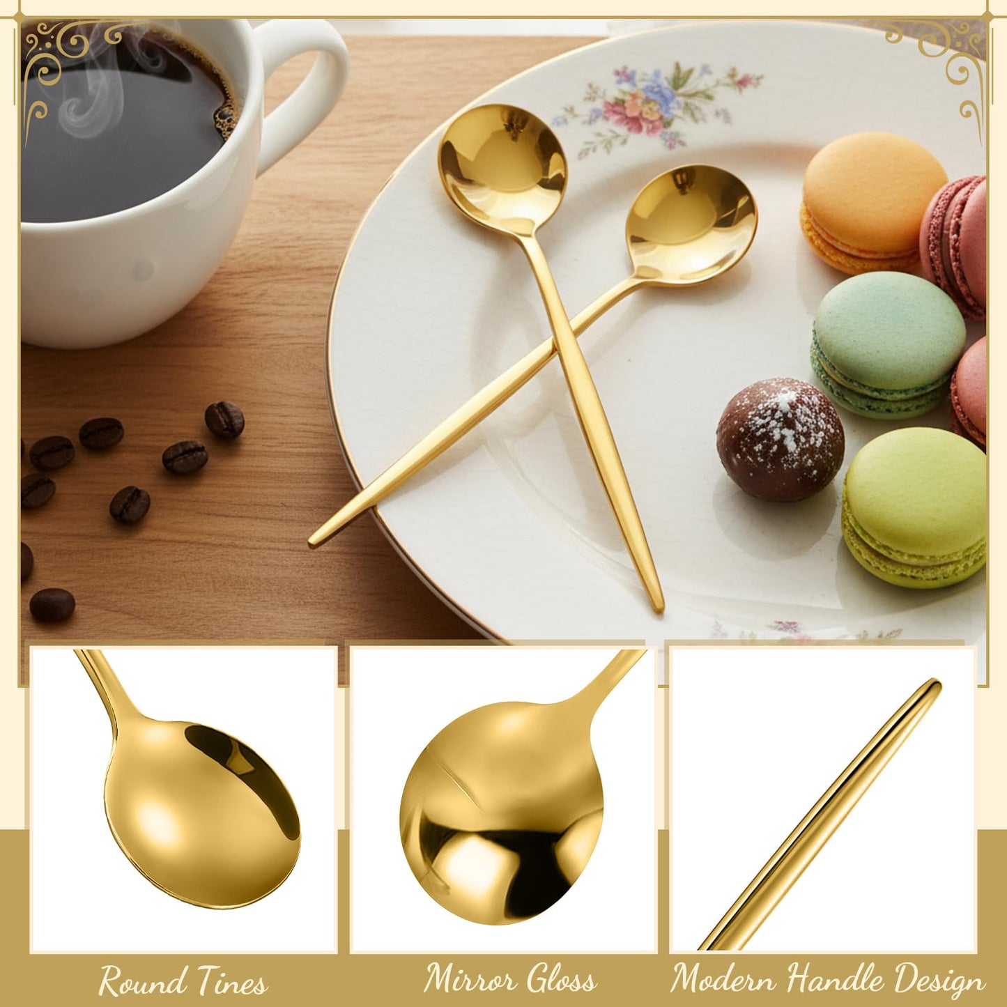 Dandat 20 Pcs 5.1 Inch Coffee Spoons, Gold Stainless Steel Teaspoons, Mini Dessert Spoons for Stirring Coffee Sugar Drink Kitchen Cafe Bar Wedding Tableware