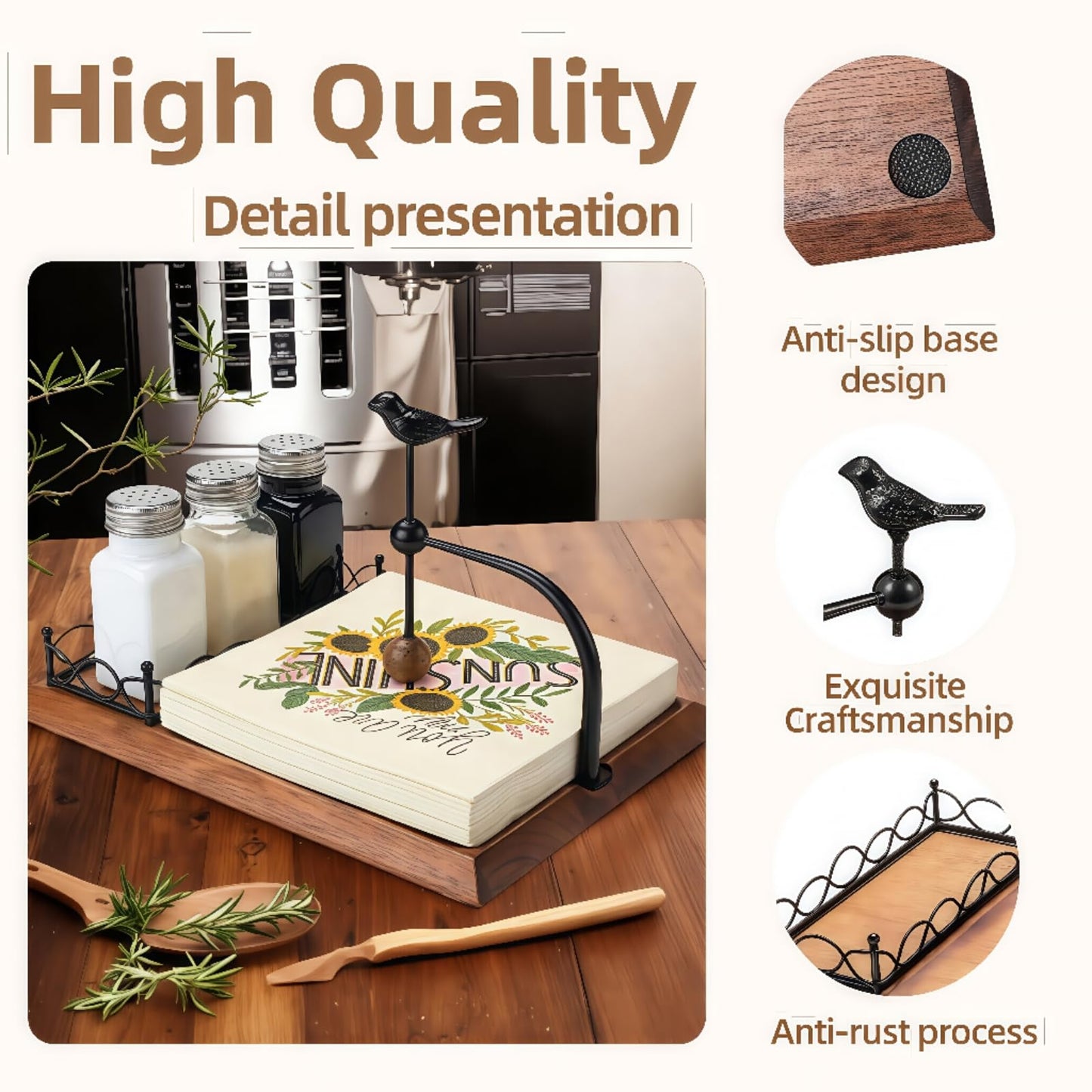 Zipenghua Solid Wooden Bird Napkin Holder for Table，Napkin Dispenser with Salt and Pepper Shakers, 2-in-1 Vintage Flat Paper Towel Holder for Bar, Kitchen & Dinning Room not Included Shakers