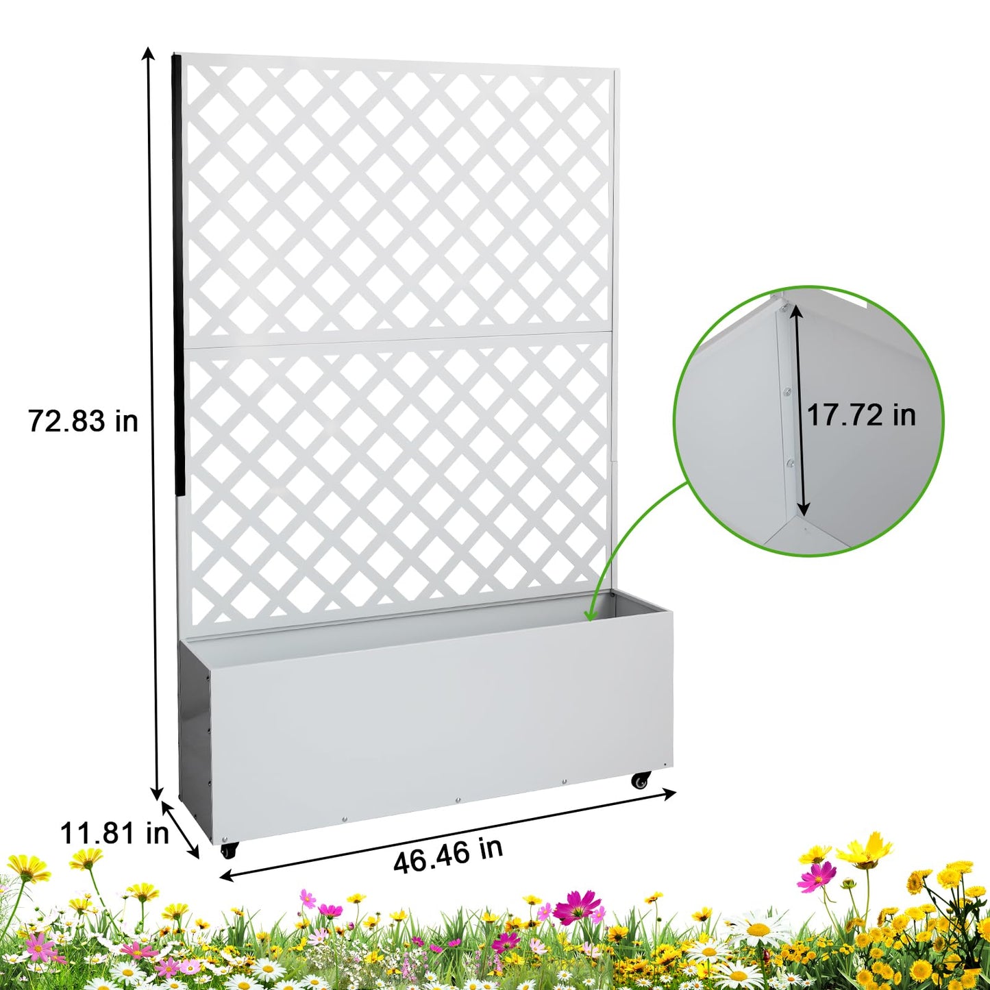 Metal Planter Box with Trellis Privacy Screen, Raised Garden Bed with Trellis & Wheels, Privacy Planters for Patio, Planter Box with Drainage Holes for Climbing Plants, Flower, 73"x 47"x 12", White
