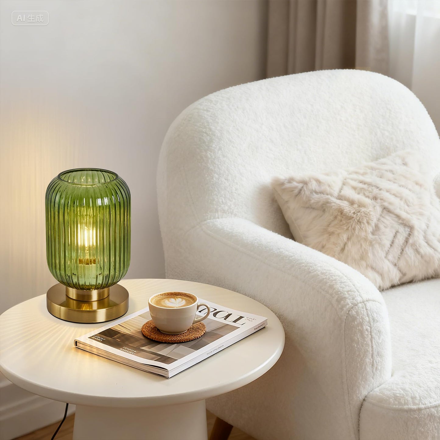 Mid Century Modern Table Lamp: Vintage Green Ribbed Glass Globe Dimmable Plug in Small Bedside Lamps - Cute Brass Gold Side Table Lamp Nightstand Light for Bedroom Entryway Office Desk Living Room