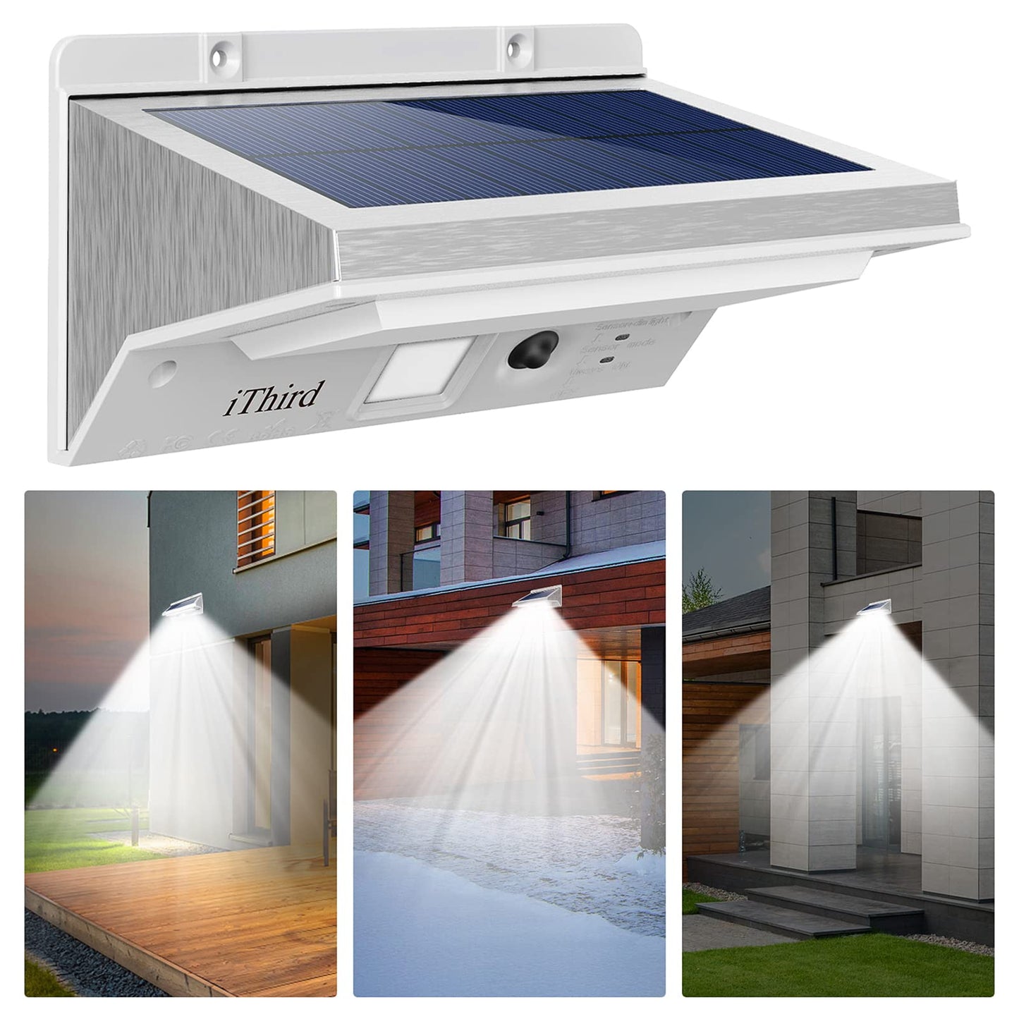 iThird Solar Lights Outdoor Motion Sensor, LED Solar Powered Security Lights Stainless Steel for Yard Patio Garage Waterproof 3 Modes Super Bright(Daylight)