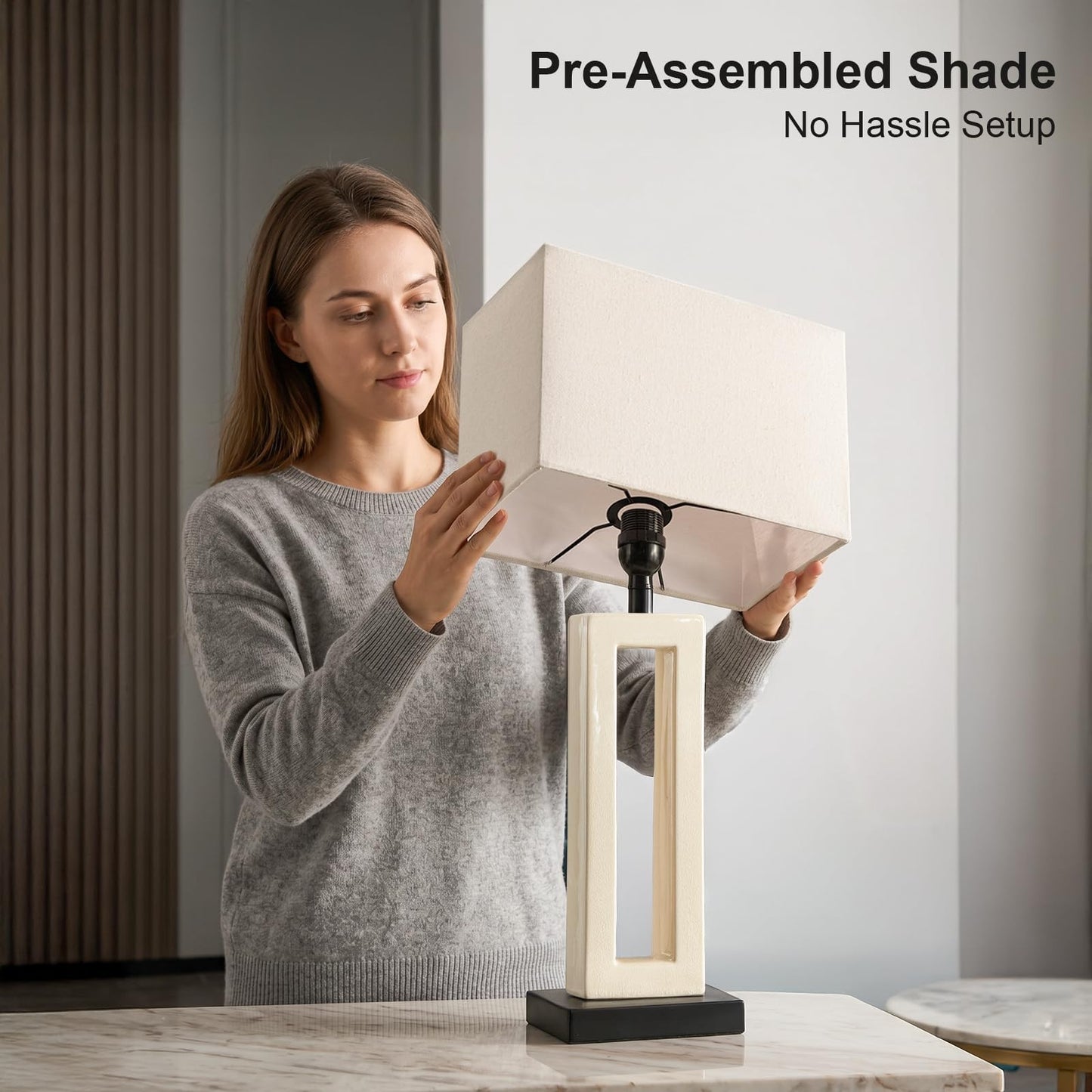 Vortether 22" Modern Ceramic Table Lamps Set of 2, Cream Crackle Glaze Hollow Bedside Lamps with Linen Shade, 5ft Cord Rotary Switch E26 Base Nightstand Lamps for Bedroom Living Room Entryway Decor
