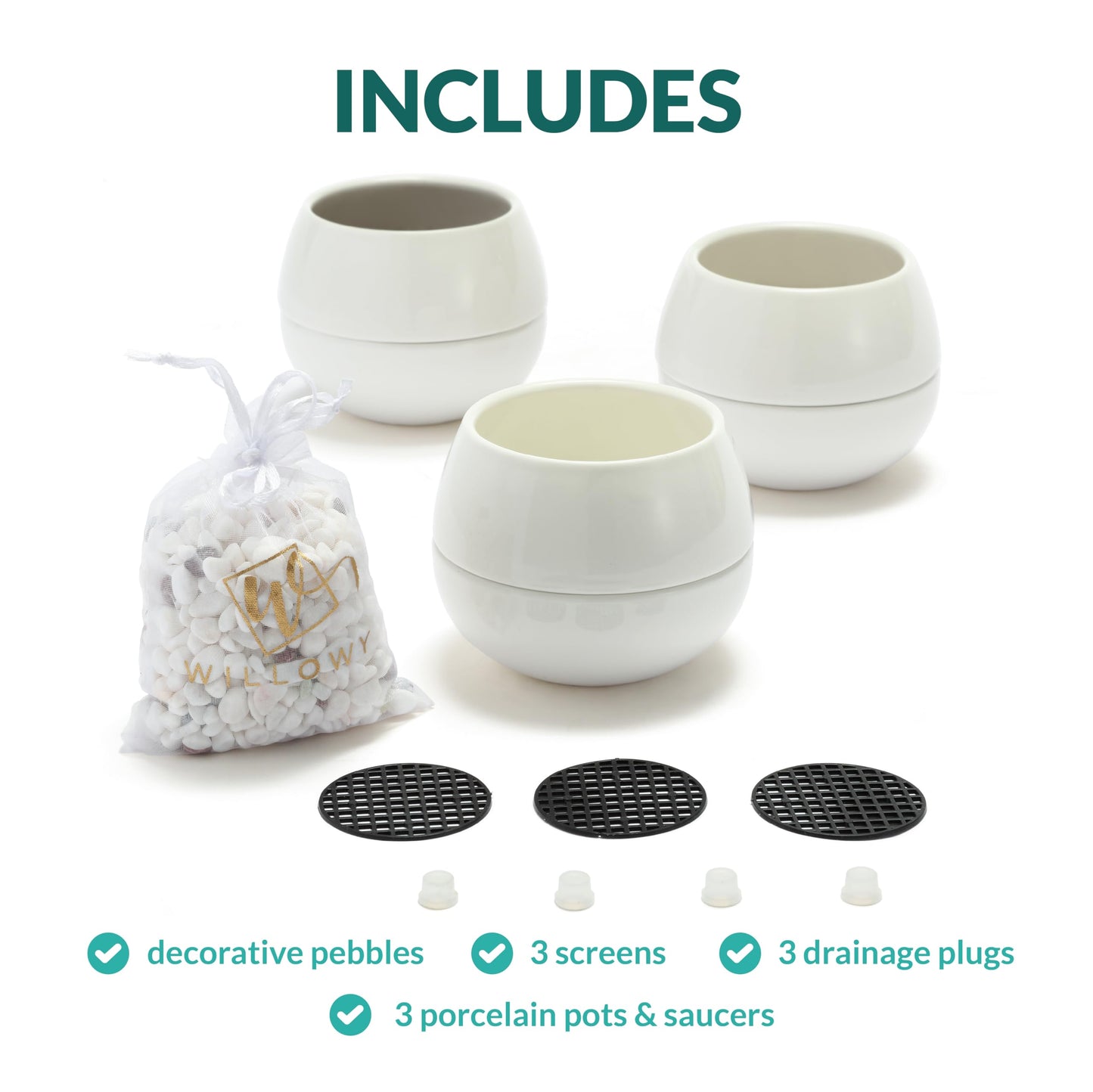 Willowy 3.5 Inch Small Succulent Pots - 3pk, Mini/Small White Ceramic Succulent Pots - No Plants Included