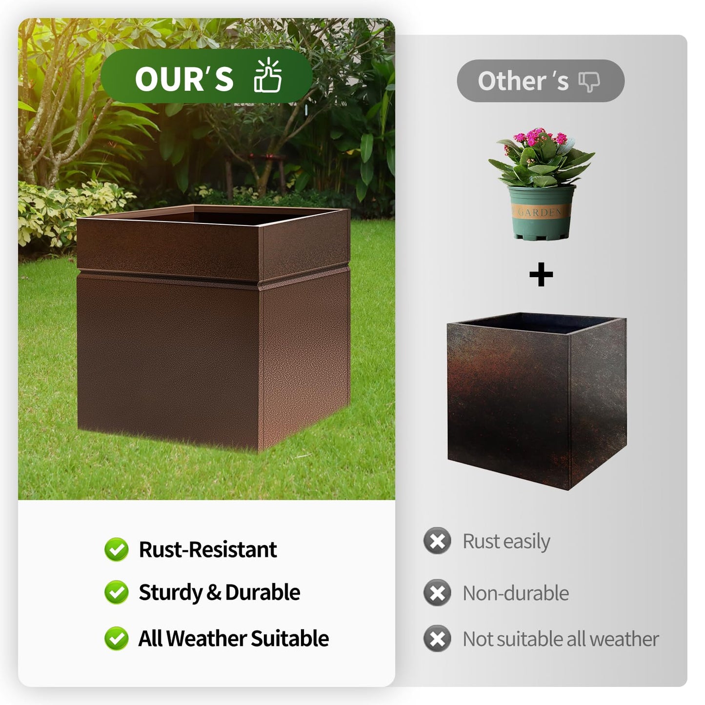 HONYTA Matel Planter Box 17" L x 17" W x 18" H, Cube Heavy Duty Powder Coating Steel Planters with Drainage Hole, Indoor Outdoor All-Weather Use for Home, Porch, Patio, Garden(Bronze)
