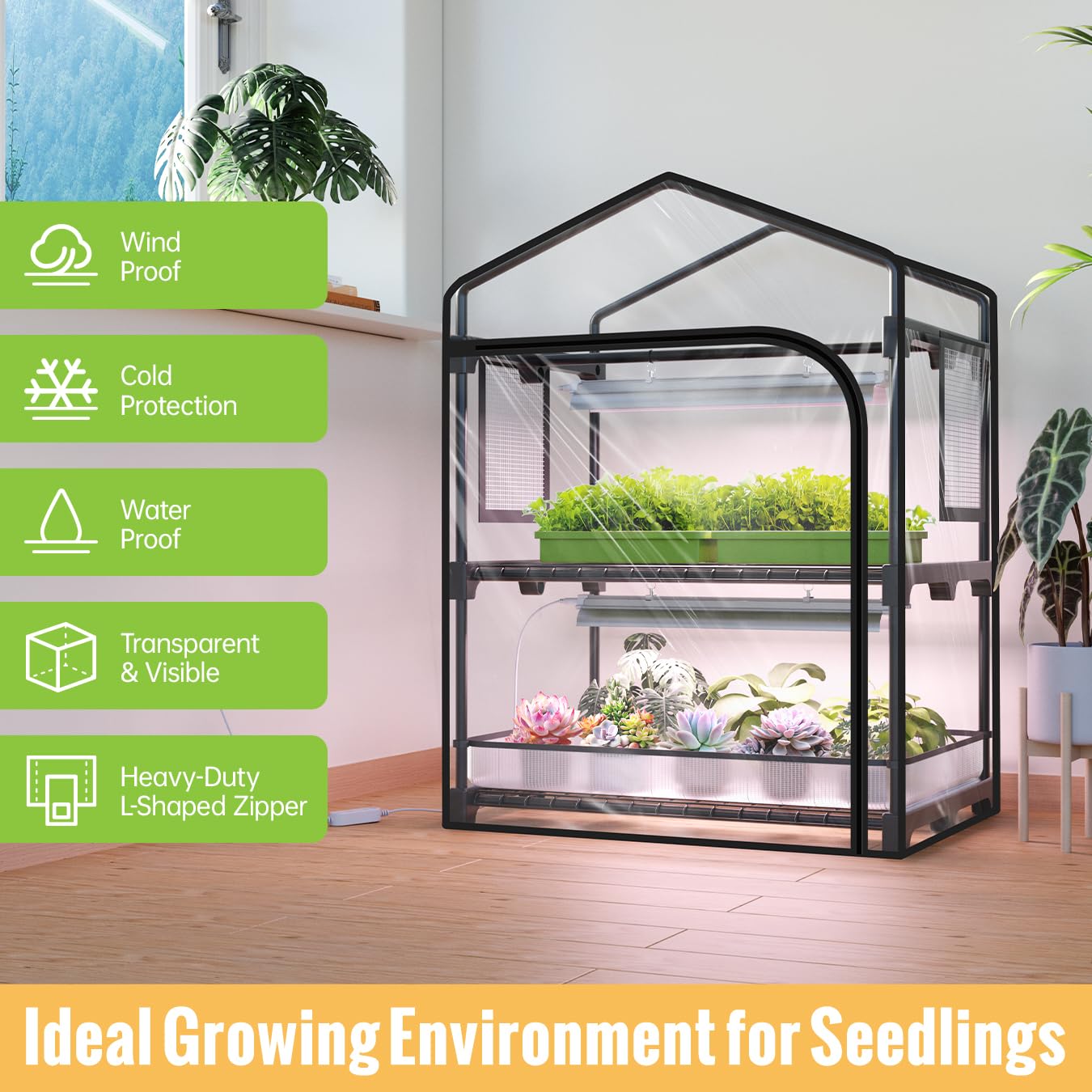 SpeePlant Mini Indoor Greenhouse with Grow Light, 2-Tier Plant Stand with PVC Tent, Ventilation Window, Bottom Pouch, 20W Full Spectrum Grow Light with Timer, for Seed Starting, 27" L x 19" W x 35" H