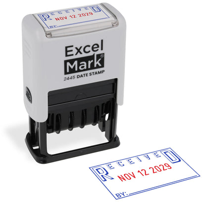 ExcelMark 2445 Date Stamp with Text - Blue and Red Ink (Gray Mount, Received)