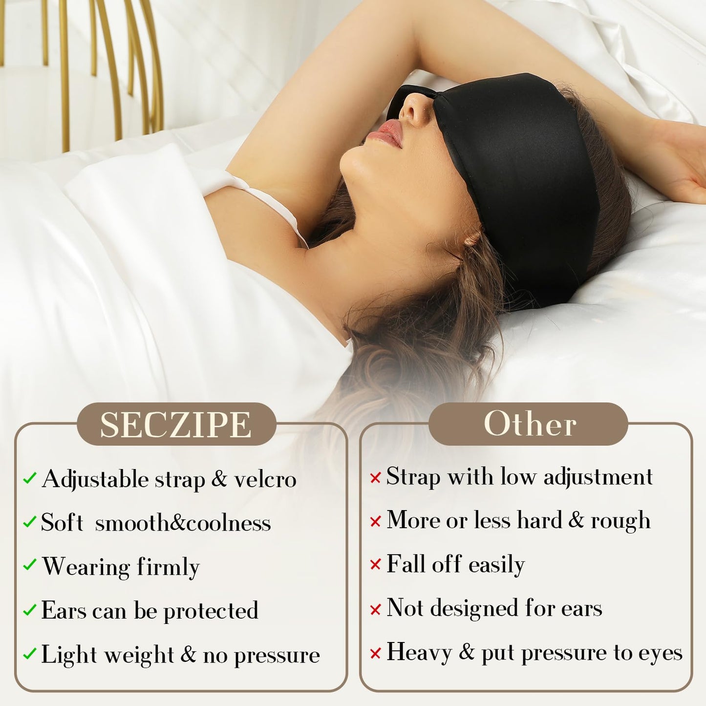 100% Mulberry Silk Sleep Mask Eye Mask for Women Man with Adjustable Band, for Side Sleeper Blackout Sleep Mask for Travel Rest and Office Large Size (Taupe)