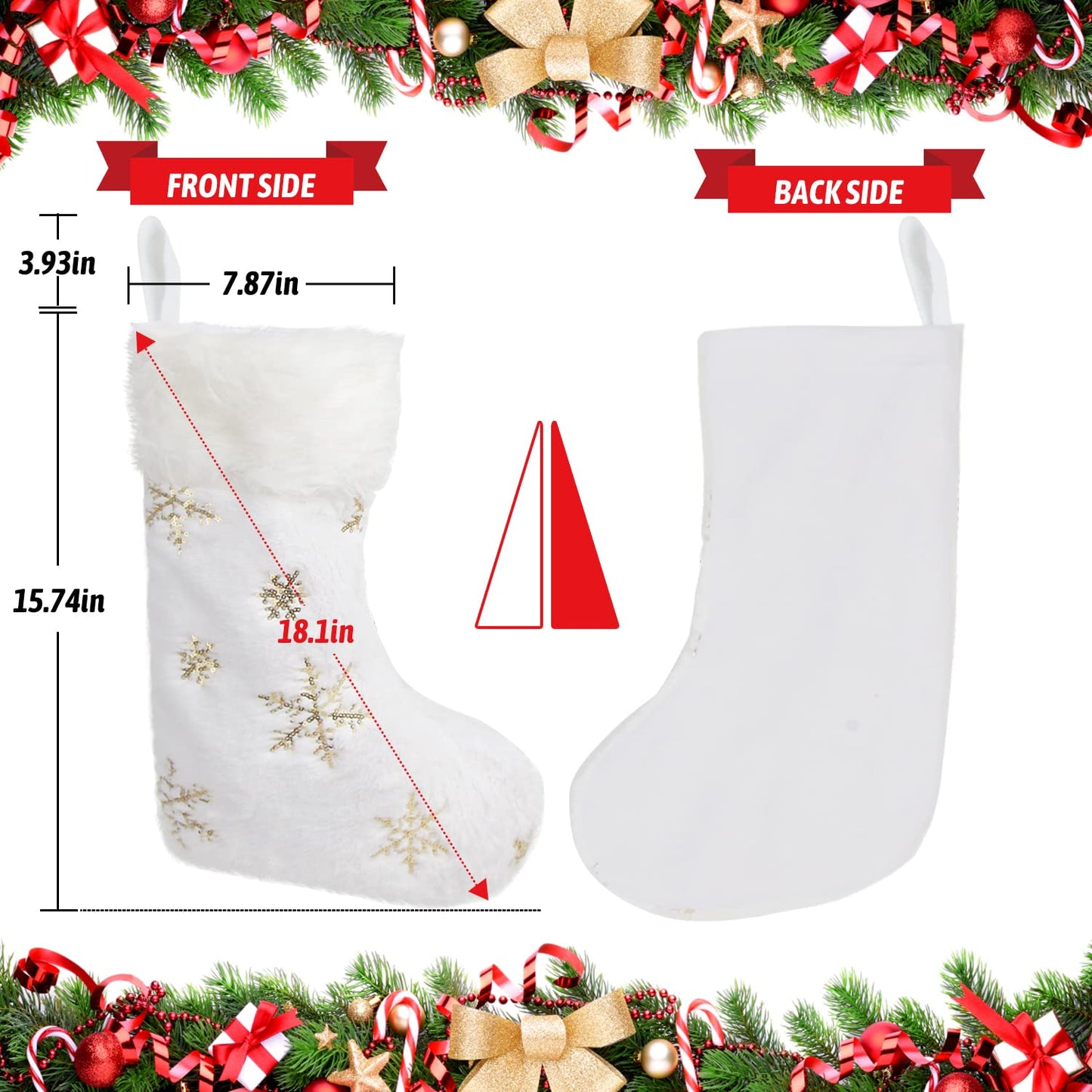 CCINEE 4PCS White Christmas Stockings,18 Inch Large Plush Faux Fur Xmas Stocking with Golden Snowflake Sequin Glitter Snowflake Hanging Stocking for Christmas Tree Wall Fireplace Home Decoration
