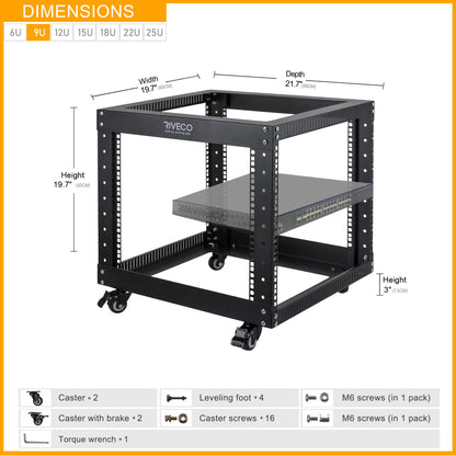 RIVECO 9U Open Frame Server Rack with Casters- Heavy Duty 4 Post Quick Assembly 19-inch, Stereo Rack Network Cabinet Black