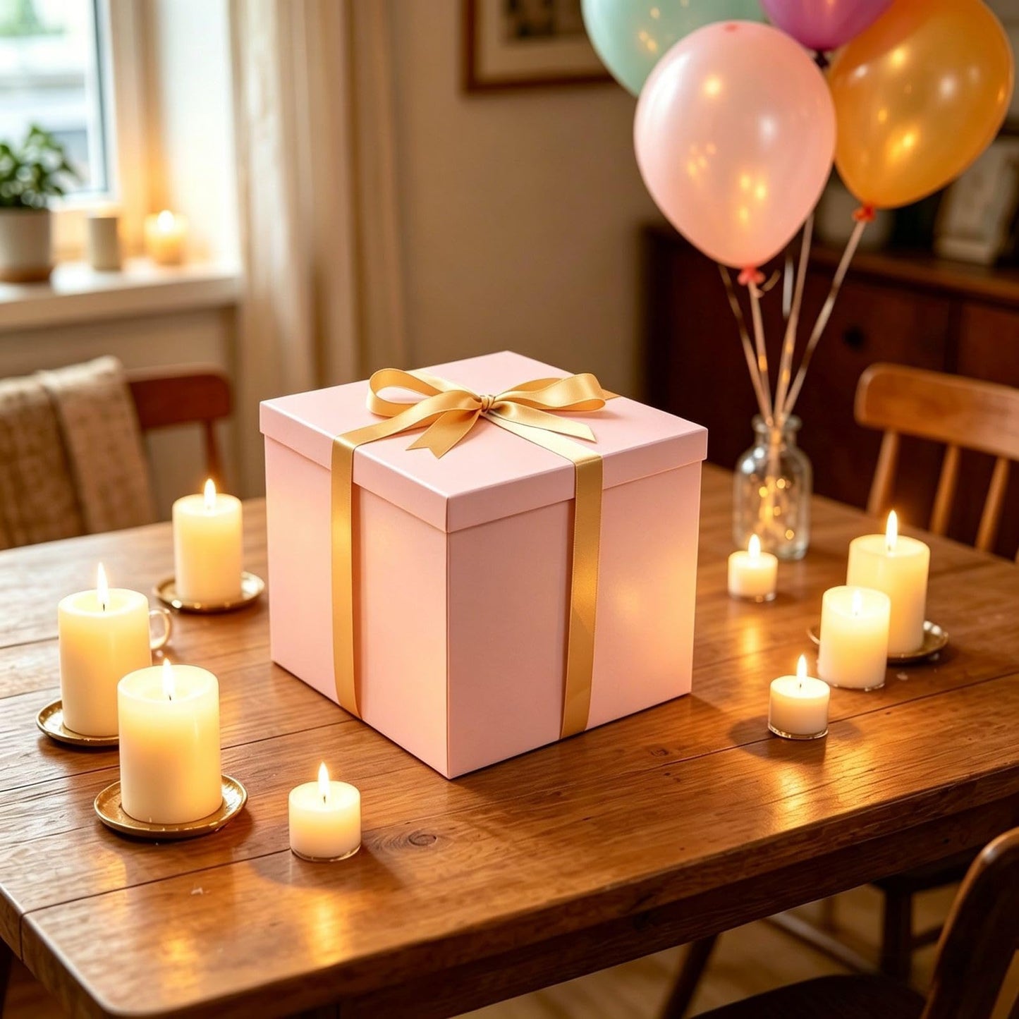 PACKGILO Gift Box 10x10x8 Inches，Pink Gift Box with Lid for Christmas，Anniversary，Birthday，Square Boxes with Crinkle Paper，Ribbon，Alphabet Stickers