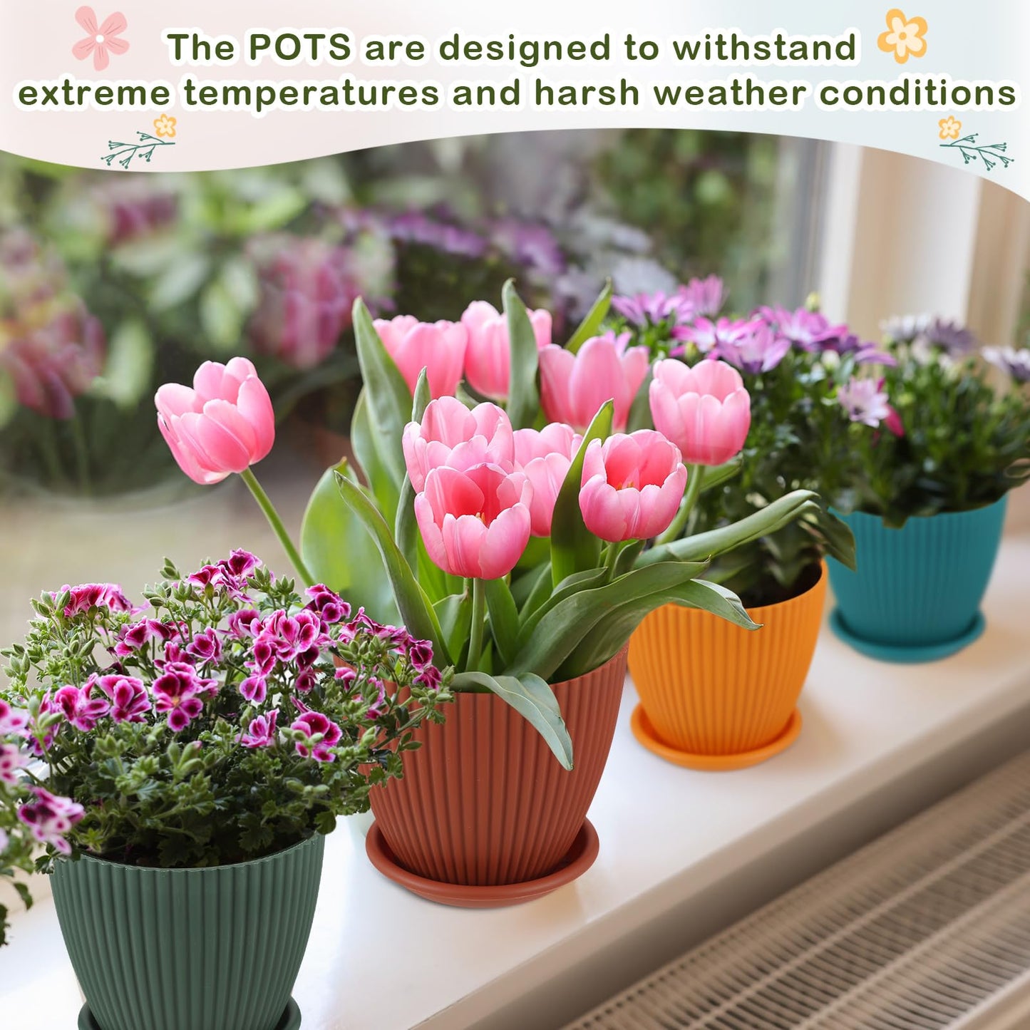 Suclain 10 Pack 6 Inch Plant Pots with Drainage Hole and Tray Saucer Plastic Flower Pots for Indoor Plants for Your Room, Office, Garden Decor(Vertical Stripe)