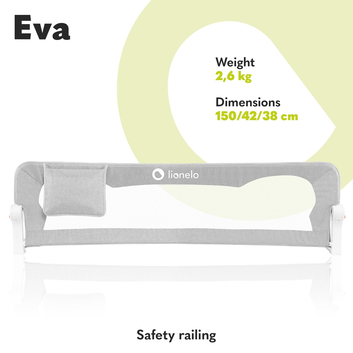 lionelo EVA Bed Rail Guard 150Lx42H cm Foldable 180° with tilt adjustment, Mesh Fabric, SecureBelt Straps Safety Barrier for Toddlers bed with Safe Lock, Storage Pocket, Durable Frame, Easy to Install