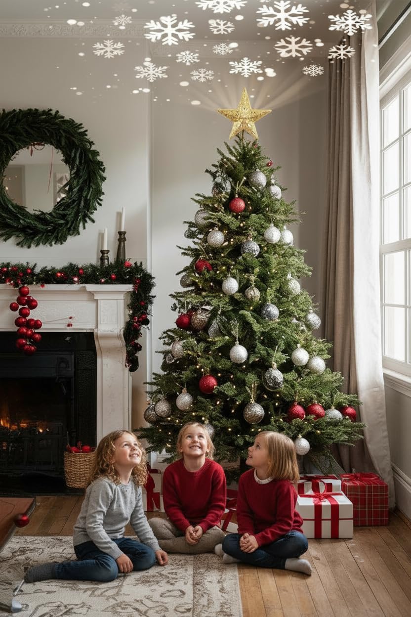 Christmas Tree Topper Lighted with Golden Snowflake Projector, 3D Holographic Rotating LED Magic Light, Christmas Tree Star Topper for Christmas Tree Decorations