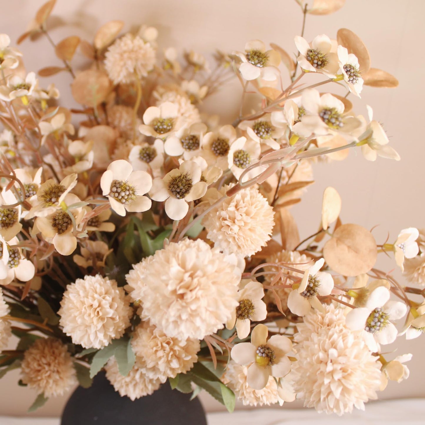 Beige Silk Flower Arrangements Home Decor, Large Floral Centerpieces For Tables, 22 Long Stems Fake Mums + Eucalyptus + Wild Flowers in Bulk, Artificial Flowers Coffee Dining Table, Faux Mums Flowers