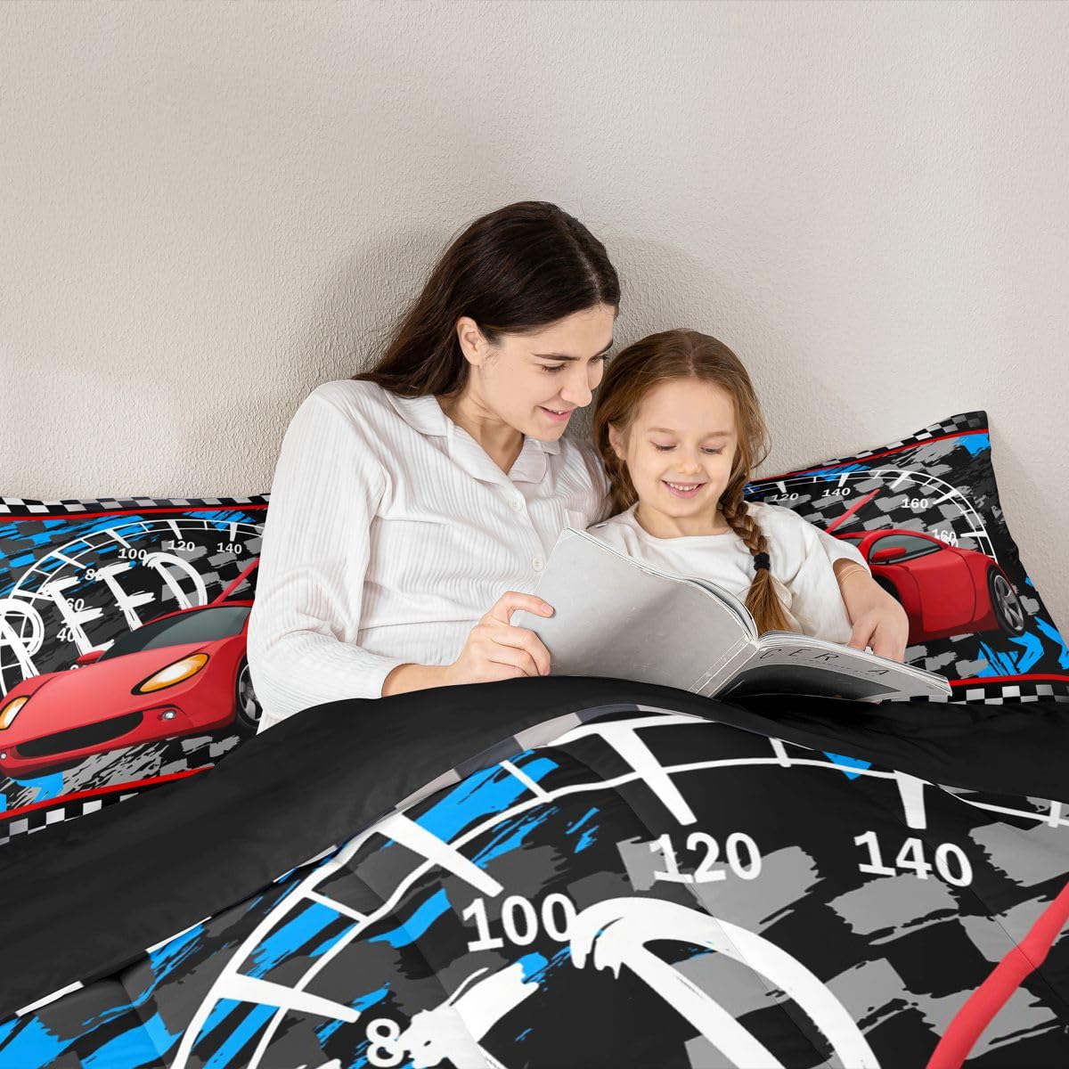 Feelyou Boys Race Car Bedding Set Cool Race Sports Car Set Comforter Set for Kids Boys Sports Theme Duvet Set Checkered Comforter Red 1 Comforter Set with 2 Pillowcases Full Size