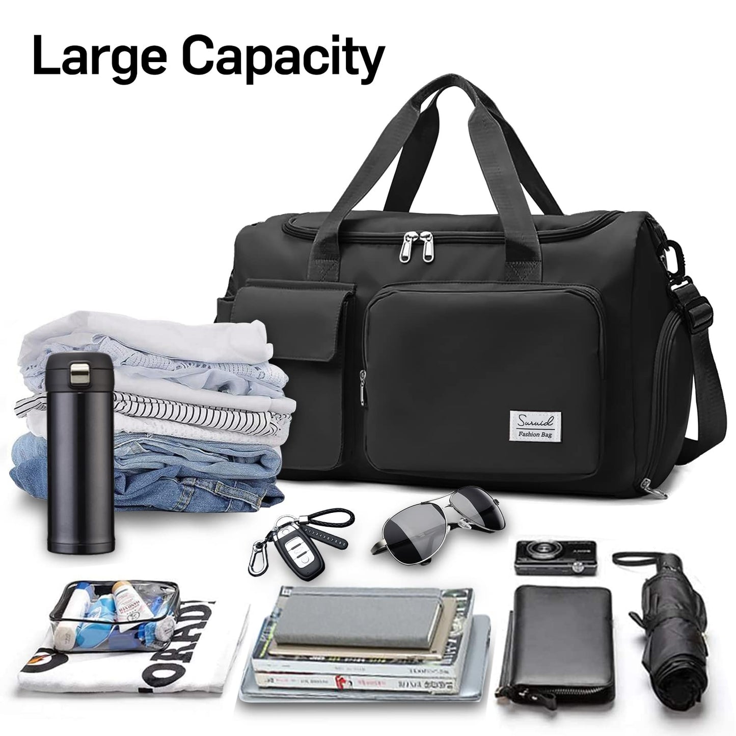 Suruid Sports Gym Duffel Bag with Shoes Compartment and Dry Wet Separated Pocket for Men and Women - Overnight Weekender Training Handbag Yoga Bag - Black