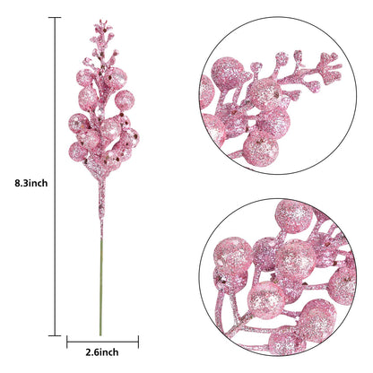 DearHouse 14 Pack Christmas Glitter Berries Stems, 7.8Inch Artificial Christmas Picks for Christmas Tree Ornaments, DIY Xmas Wreath, Crafts, Holiday and Home Decor (Pink)