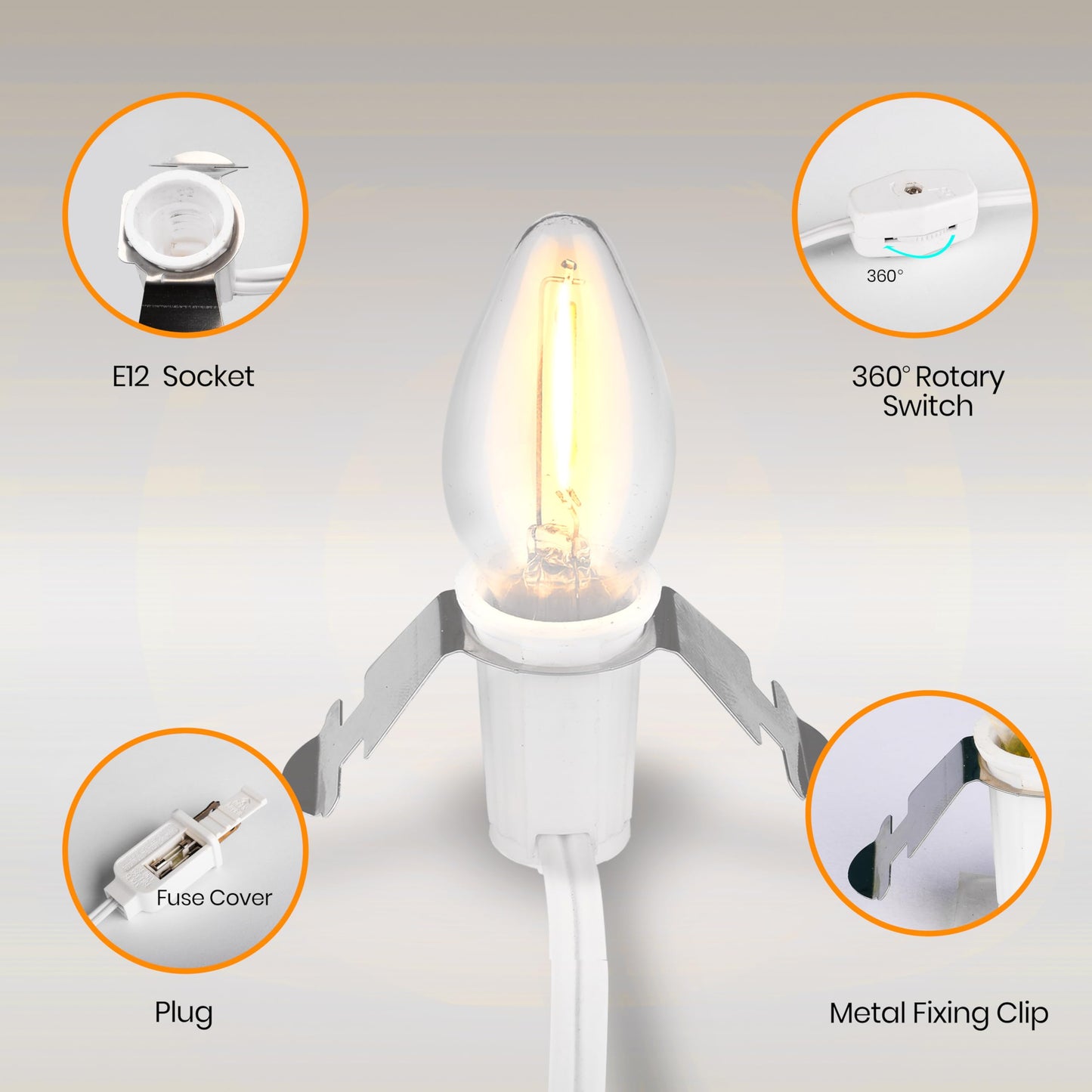 OHLGT 2 Sets Accessory Cord with 2 LED C7 Light Bulb, 5Ft Salt Lamp Cord Replacement with On/Off Switch Plugs E12 Socket for Halloween Pumpkin, Christmas Village House, Holiday Decorations and Crafts