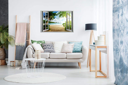 3D Sunset Beach View Window Canvas Wall Art Picture Print 36 x 24 Inches