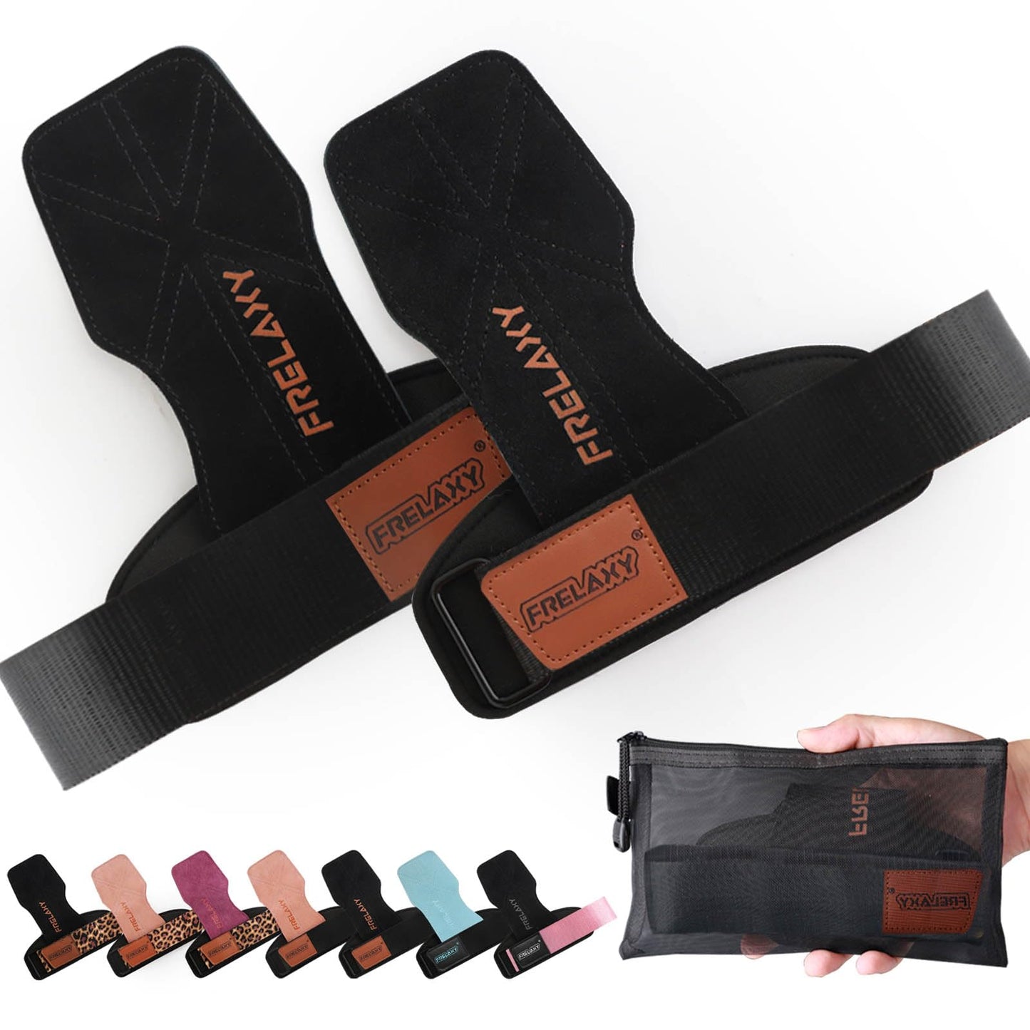 Frelaxy Lifting Wrist Straps Women and Men, Weight Lifting Grips with Cushion Wrist Loop, Double Layer Leather and Storage Pouch, Gym Workout Straps for Deadlift and Powerlifting (All Black)