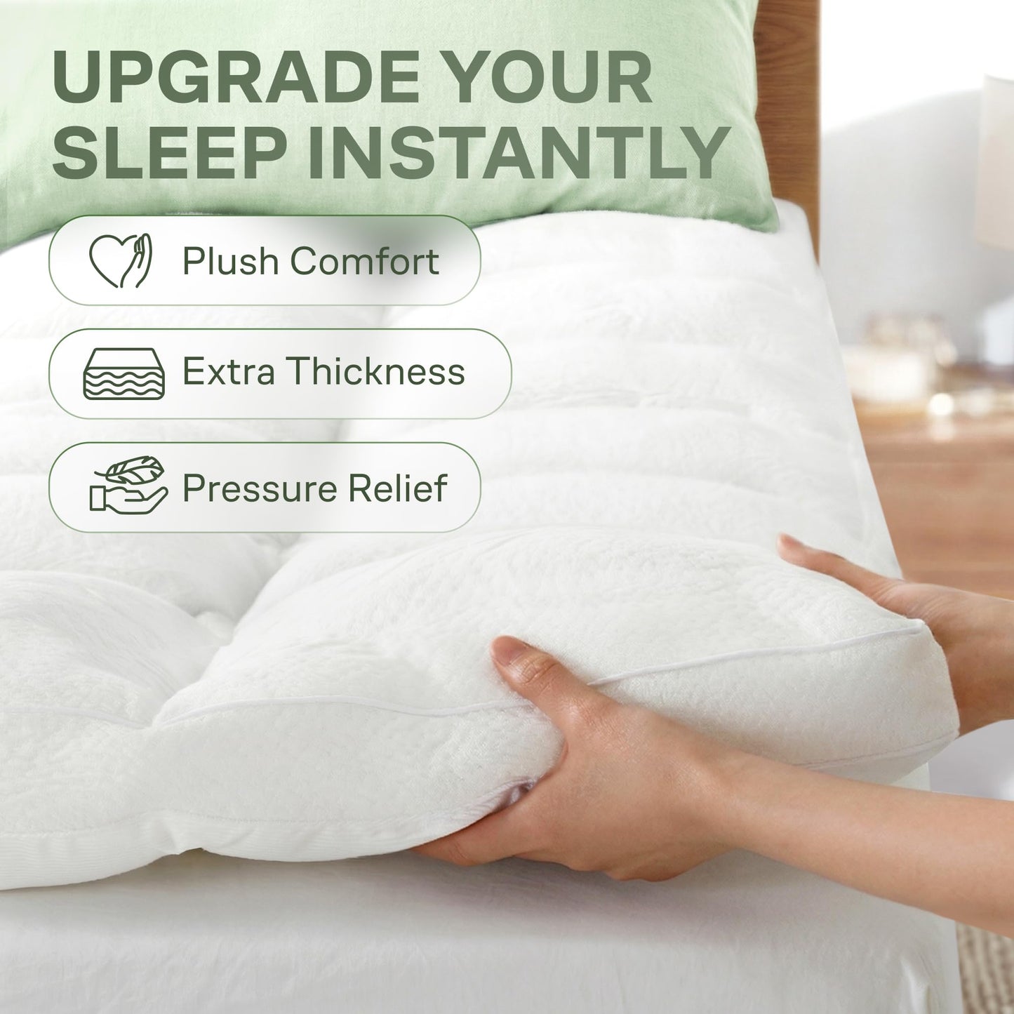 Extra-Thick Queen Size Mattress Topper - Ultra Plush & Soft Viscose Derived from Bamboo Mattress Pad, Naturally Cooling & Perfect for Full Body Support, Snow White