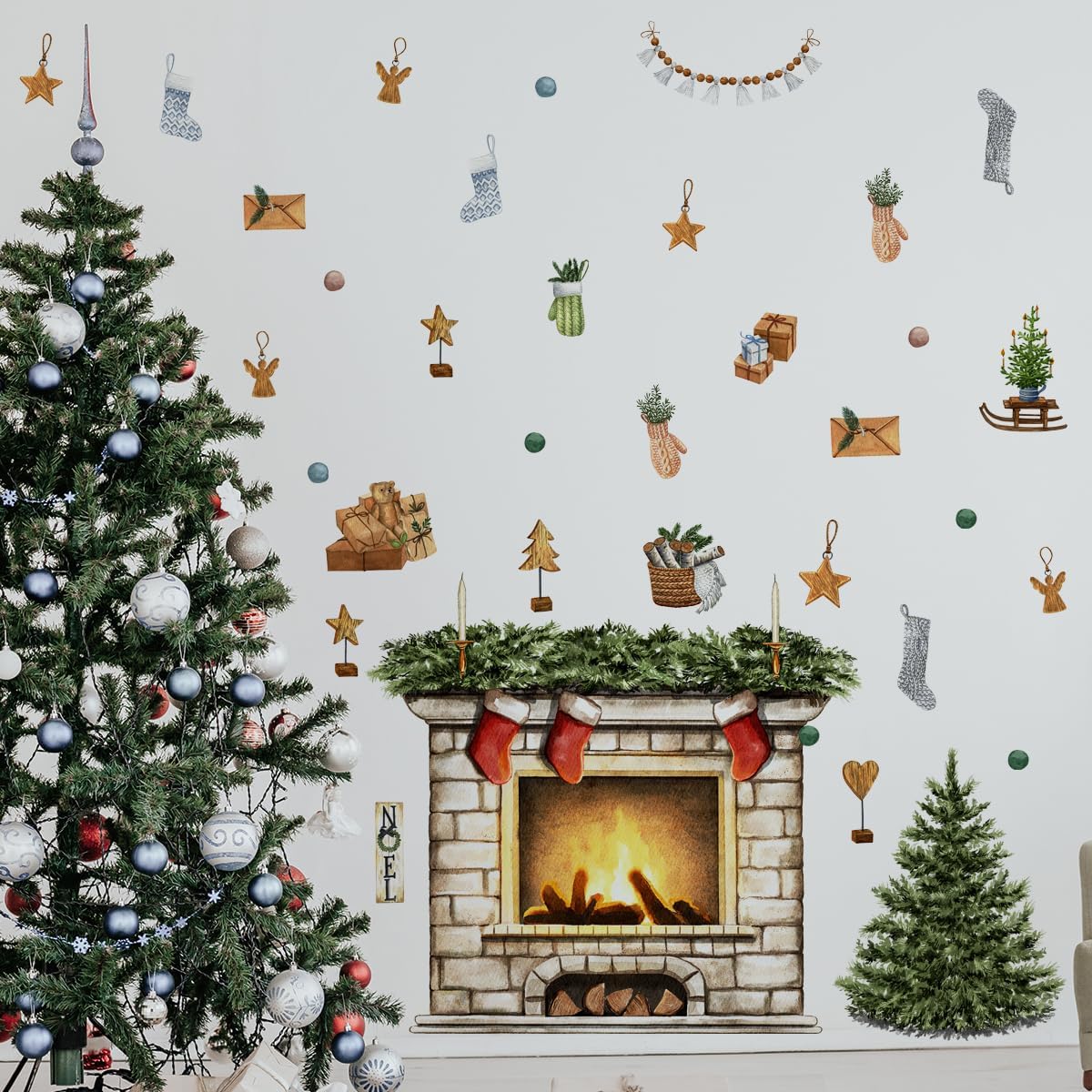 38.58 X 37 Inch Christmas Tree Wall Decals Christmas Fireplace Christmas Stocking Wall Stickers Removable Christmas Window Decal Sticker Decor for Christmas Holiday Living Room Bedroom Decorations