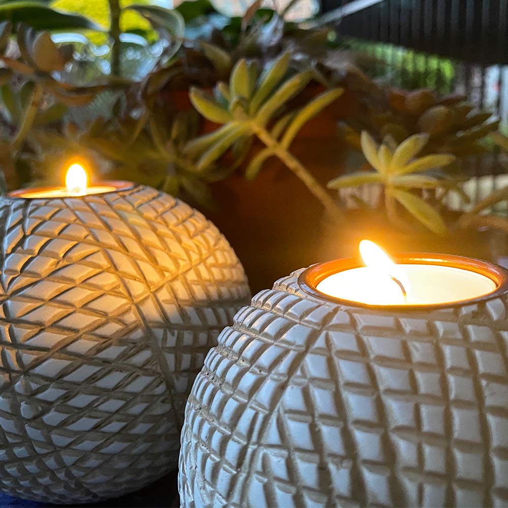 Luca Orb Tea Light Candle Holders (Gift Boxed Set of 2), Coffee Table, Console, Entryway or Fireplace Mantel Decor, Centerpiece for Dining or Living Room (Grid Pattern, Beige and White)