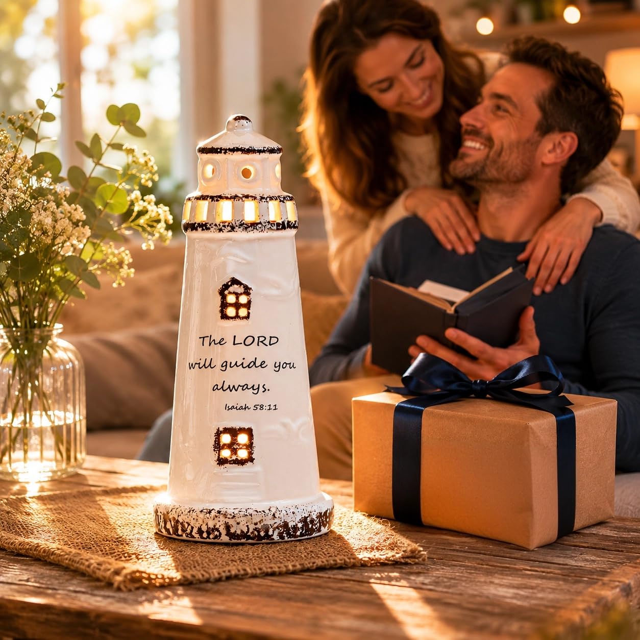 DAILYBREAD hristian Lighthouse Lamp for Men – Ceramic LED Night Light with Scripture Verse, Inspirational Gift for Dad, Husband, Pastor, Christian Home Decor 8" H
