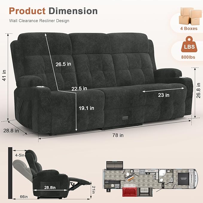 RV Loveseat Recliner Sofa, Massage Wall Hugger 3-Seater Recliners Couch