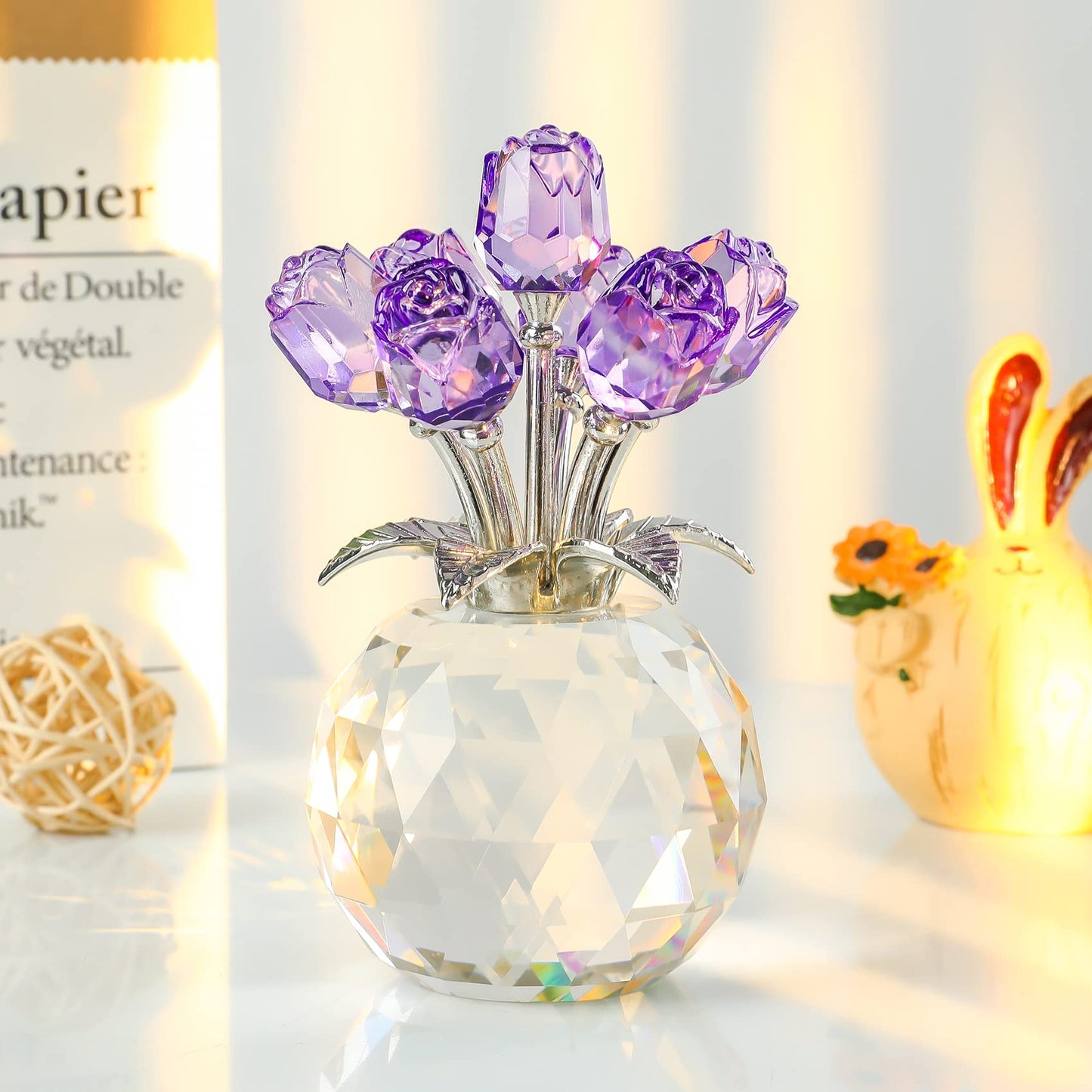 Purple Rose Flower Crystal Figurine with Vase, Bouquet Flowers Ornament Gifts for Wife Girlfriend Women , Handmade Crystal Flower Collectible Home Table Decor for Valentine's Day Wedding Anniversary