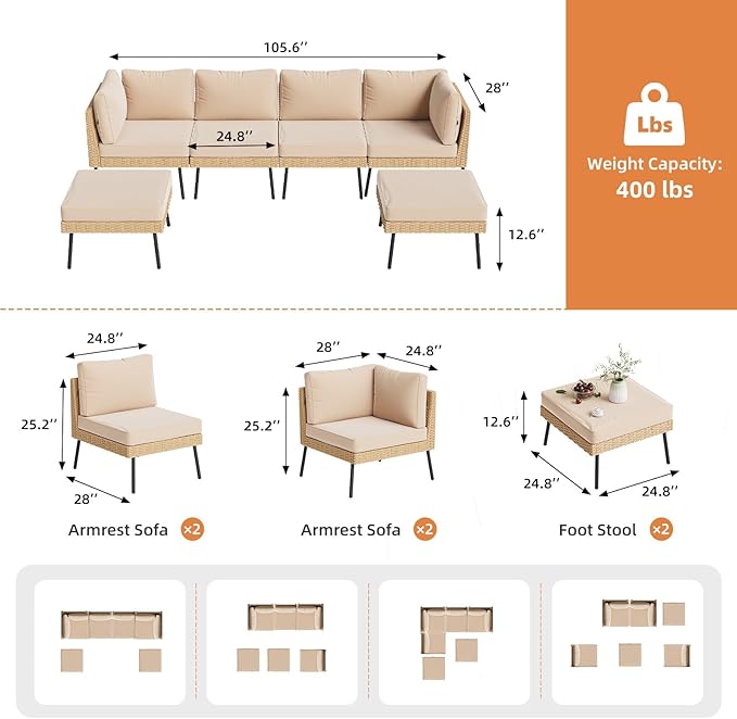 Aoxun 6-Piece Patio Furniture Set, Wicker Outdoor Furniture