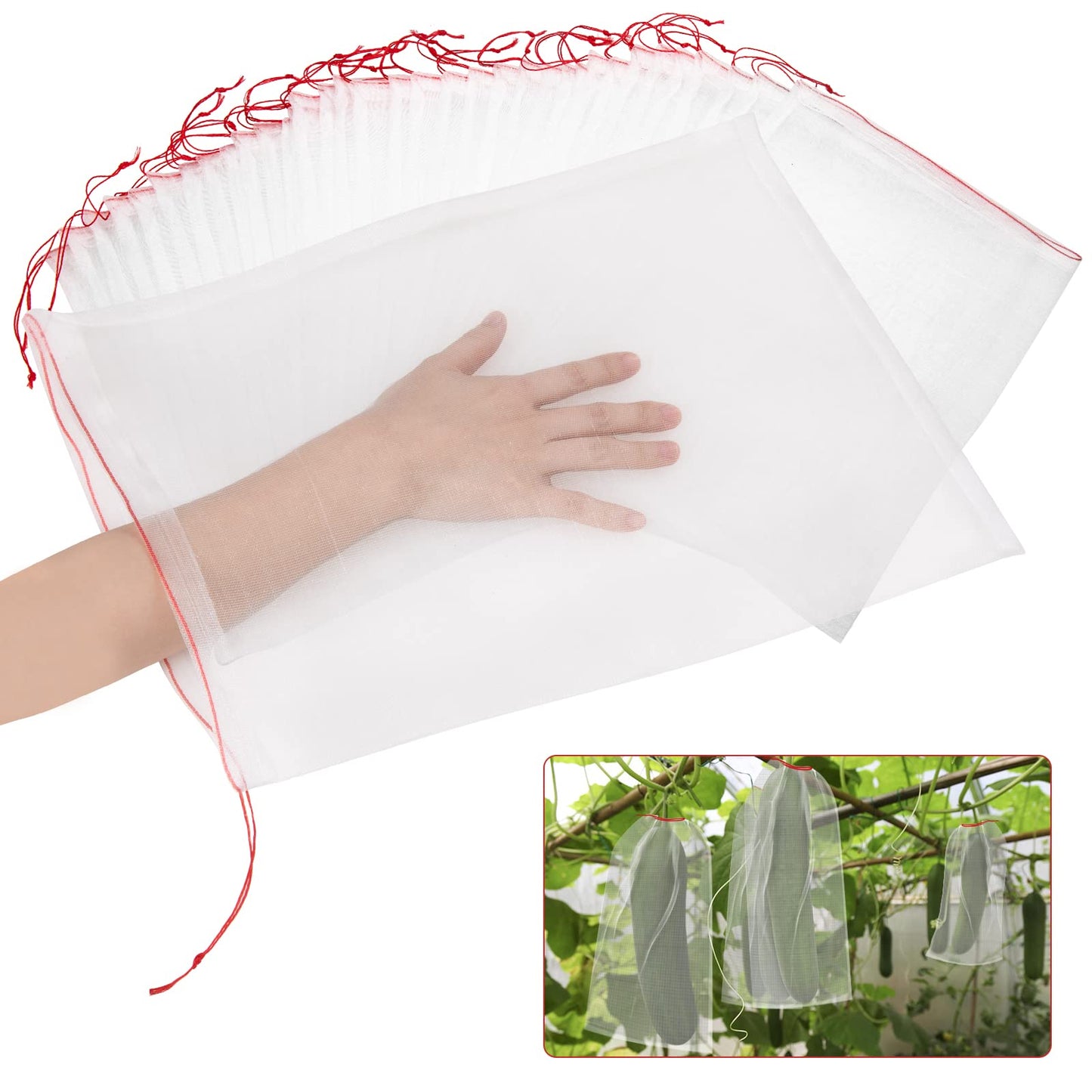 50Pcs 18"x12" Kikhope Fruit Protection Bags, Garden Netting Bags with Drawstring, Fruit Netting Bags, Fruit Tree Bags, Netting Barrier Bags for Protecting Fruits and Vegetables