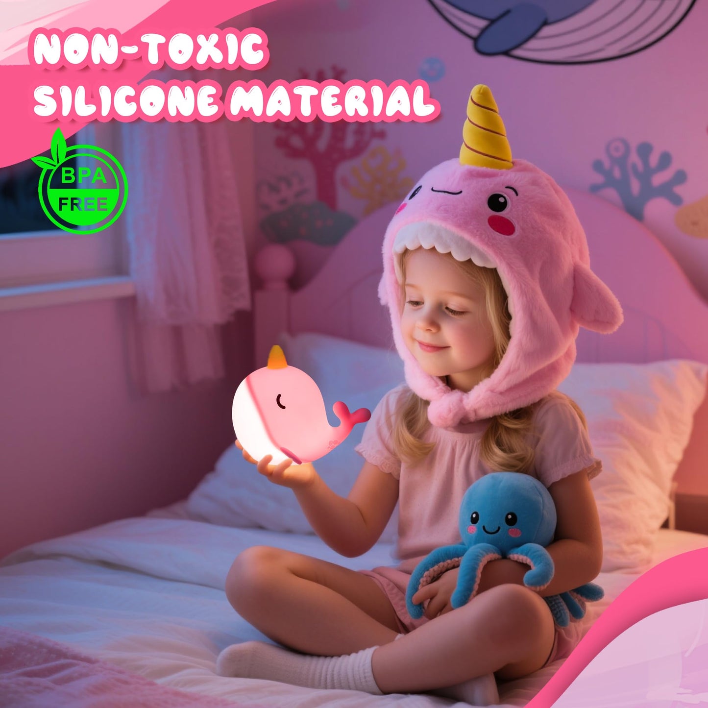 Ammonite Pink Narwhal Night Light, Soft Silicone Whale Nursery Lamp with 3 Dimming Levels and 30-Minute Timer, Touch Control Nightlight for Bedroom Decor, Christmas Birthday Gift