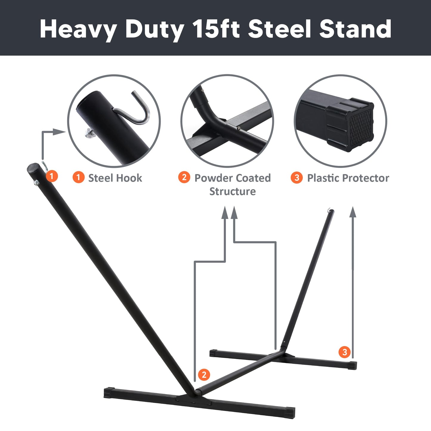 SUNCREAT 15 ft Outdoor Hammock Stand, Heavy Duty Hammock Stand Only, Black