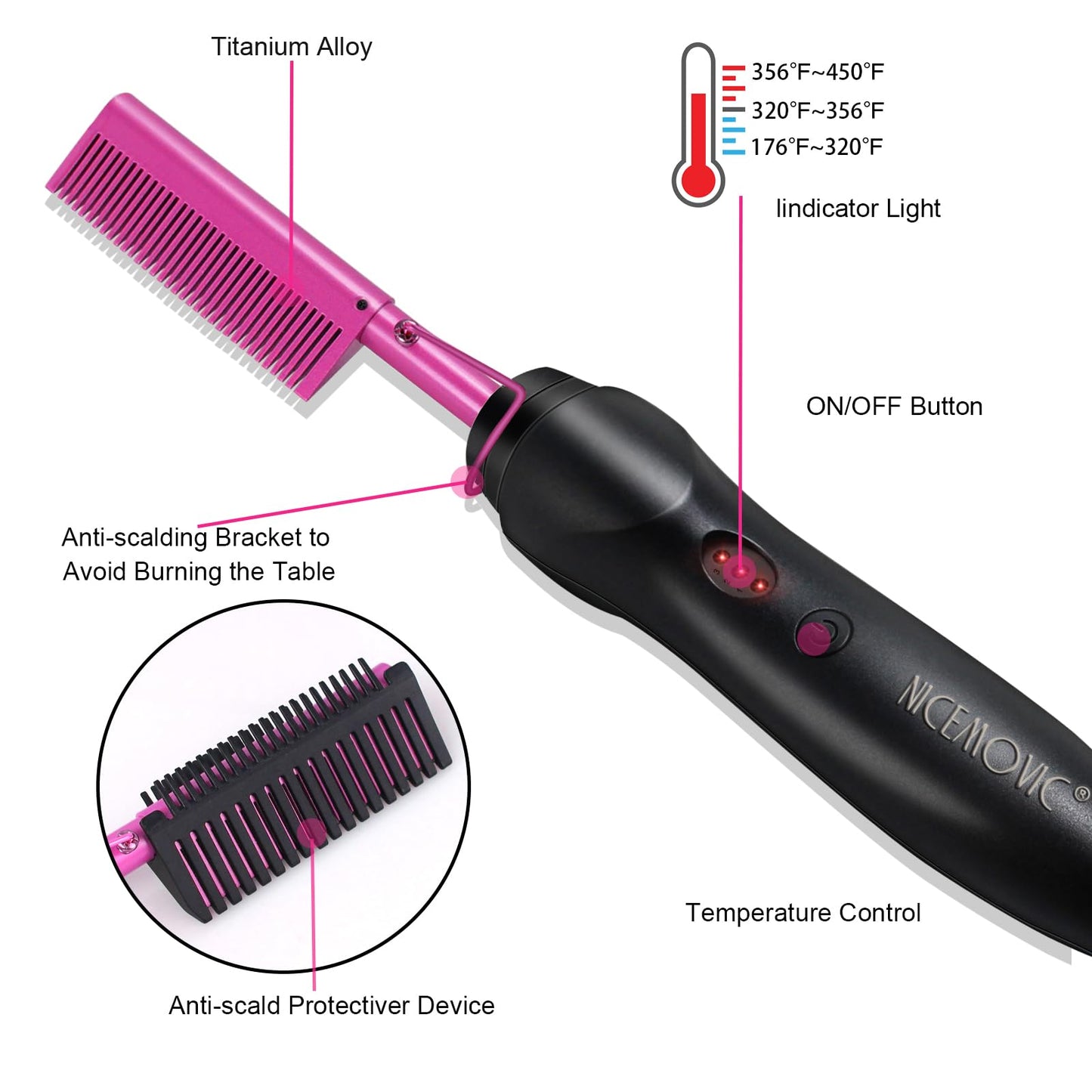 NICEMOVIC Ceramic Heating Hair Straightener Comb - Hot Pressing Brush for Natural Black Hair, Beard Wigs, and Curling (Gold)
