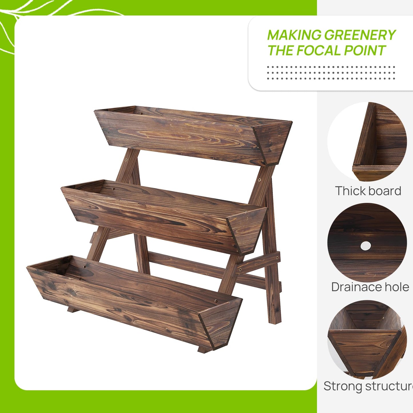 Dawnyard 3-Tiers Wooden Raised Garden BedPlanter Box Gardening Outdoor Planter Box Patio Kit Tiered Planter Box Vertical Garden Planter Wood Plant Stand for Patio, Balcony, Freestanding (Carbonized L)