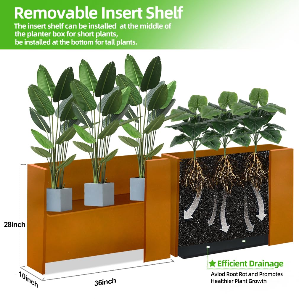 Megawodar Metal Tall Long Planter Box Large Rectangular Planter Flower Pot with Drainage Holes for Indoor Outdoor Deck Porch Garden Home Patio Front Door (Rusty Orange, 36" L x 10" W x 28" H)