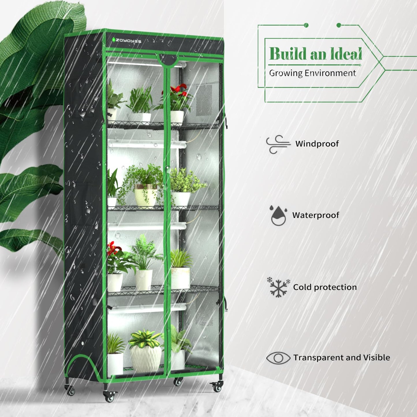 ZOYOYES Indoor Greenhouse with Grow Light, 35.8" W x 17.8" D x 71.8" H, 5-Tier Plant Shelf with 3-Color T8 Growth Lights, Plant Stand with Smart Timing Plug and thermohygrometer