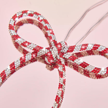 FLAIR GIFTS 6 Pcs 4.3" x 6" 2026 Christmas Bows for Tree Decor, Candy Cane Sparkly Glitter Rhinestone Bow Ornaments with Twist Tie for Xmas Decoration, Wreath, Garland, Gift Wrapping