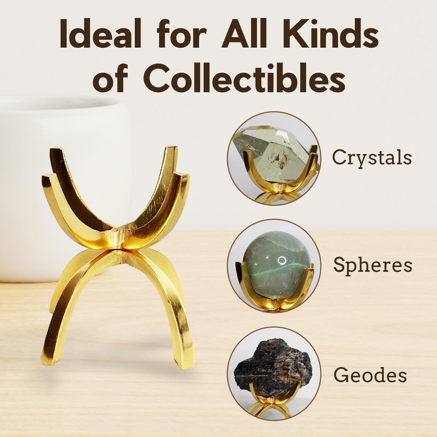 My Shelfie - Modern Brass-Coated Claw Rock Display Stand, Crystal Holder with Invertible Design, Crystal Display Holds Crystals From 2-3 Inches, Handmade Aluminum Rock Stands for Display, Large