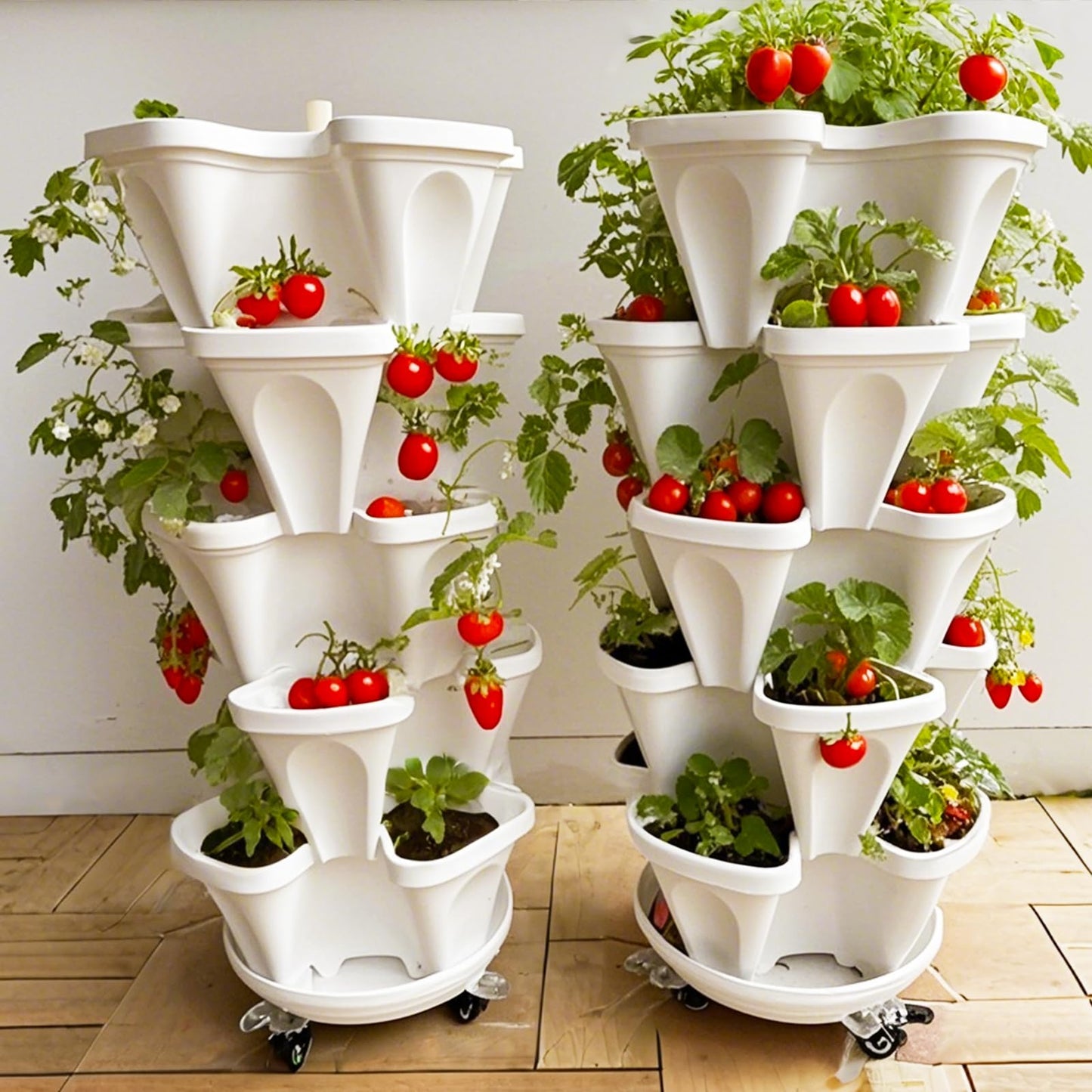 Lykvrii Strawberry Planters, 3 Tiered Vertical Stackable Planter, Herb Stacking Tower Garden, Flower Vegetable Planters with Support Pole, Indoor & Outdoor with Removable Wheels - Dark Grey