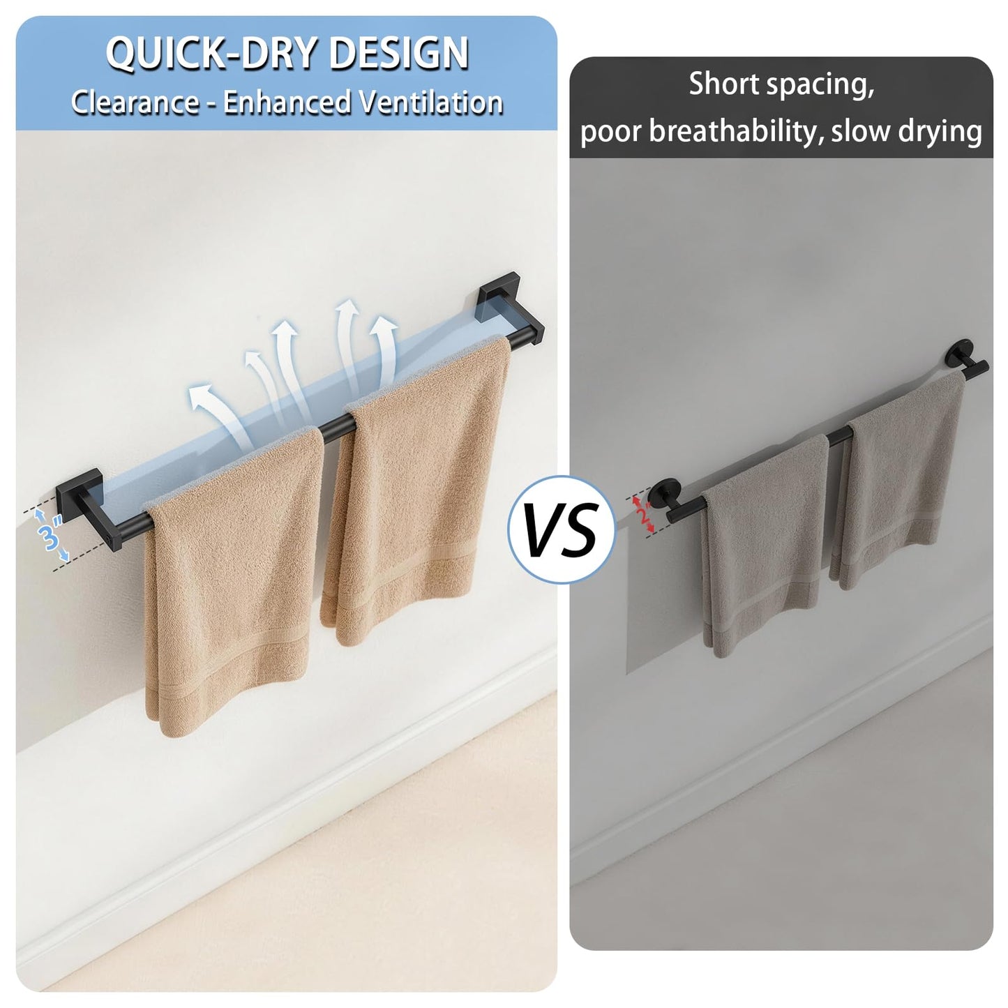 MKO Towel Bar for Bathroom, 24" Hand Towel Holder Rod with Metal, Black Towel Racks for Bathroom Hanger Wall Mounted for Home Essentials, 2 Pack
