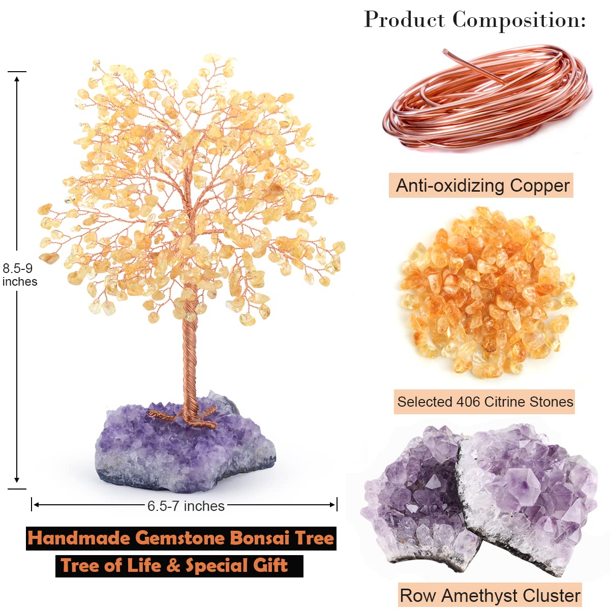 MASGEMES Gemstone Crystal Tree of Life,Natural Citrine(406 Stones Count) with Amethyst Cluster Base,Chakra Healing Crystals Positive Energy Fengshui Bonsai Money Tree Gift 8.5"-9"