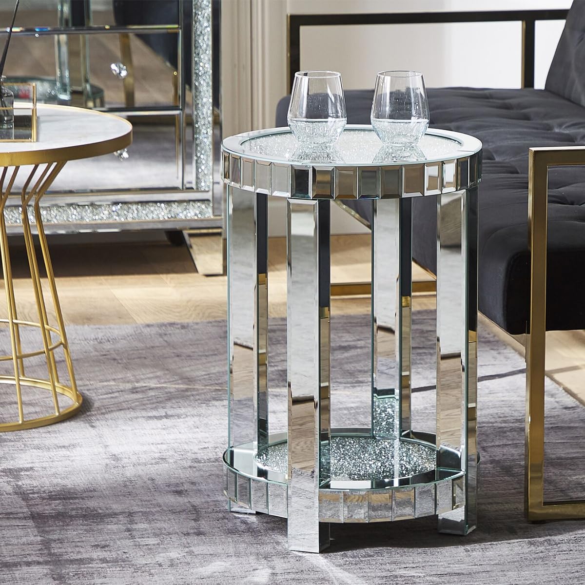 SHYFOY Mirrored Round End Table with Crystals Inlay, 2-Tier Modern Glass Small Sofa Table with Storage, Silver Accent Table for Living Room, Bedroom and Small Spaces