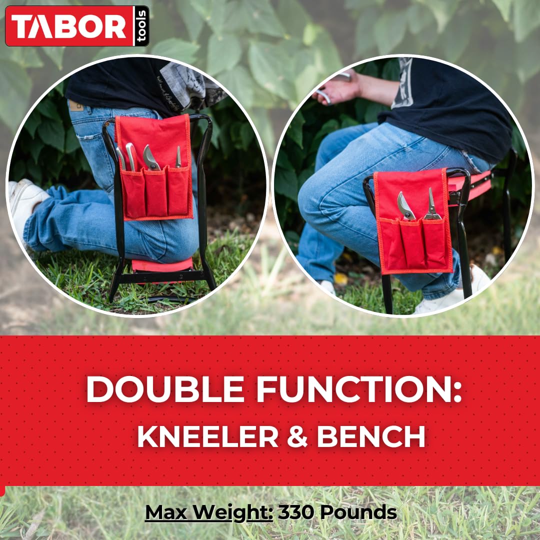 TABOR TOOLS TR2A Garden Kneeler and Seat Bench with Tool Bag Pouch and Foam Pad Cushion, Workseat with Kneeling Bench Option, Light Weight Foldable Stool, Portable Outdoor Kneeler for Gardening.