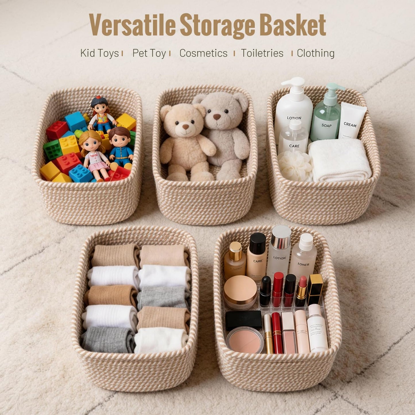 5 Pack Decorative Small Storage Baskets for Shelves, Cotton Rope Woven Basket for Organizing Bathroom, Nursery, Closet, Cabinet, Toys & Socks, Gift Baskets Empty, 11.8"x7.9"x4.7", Khaki