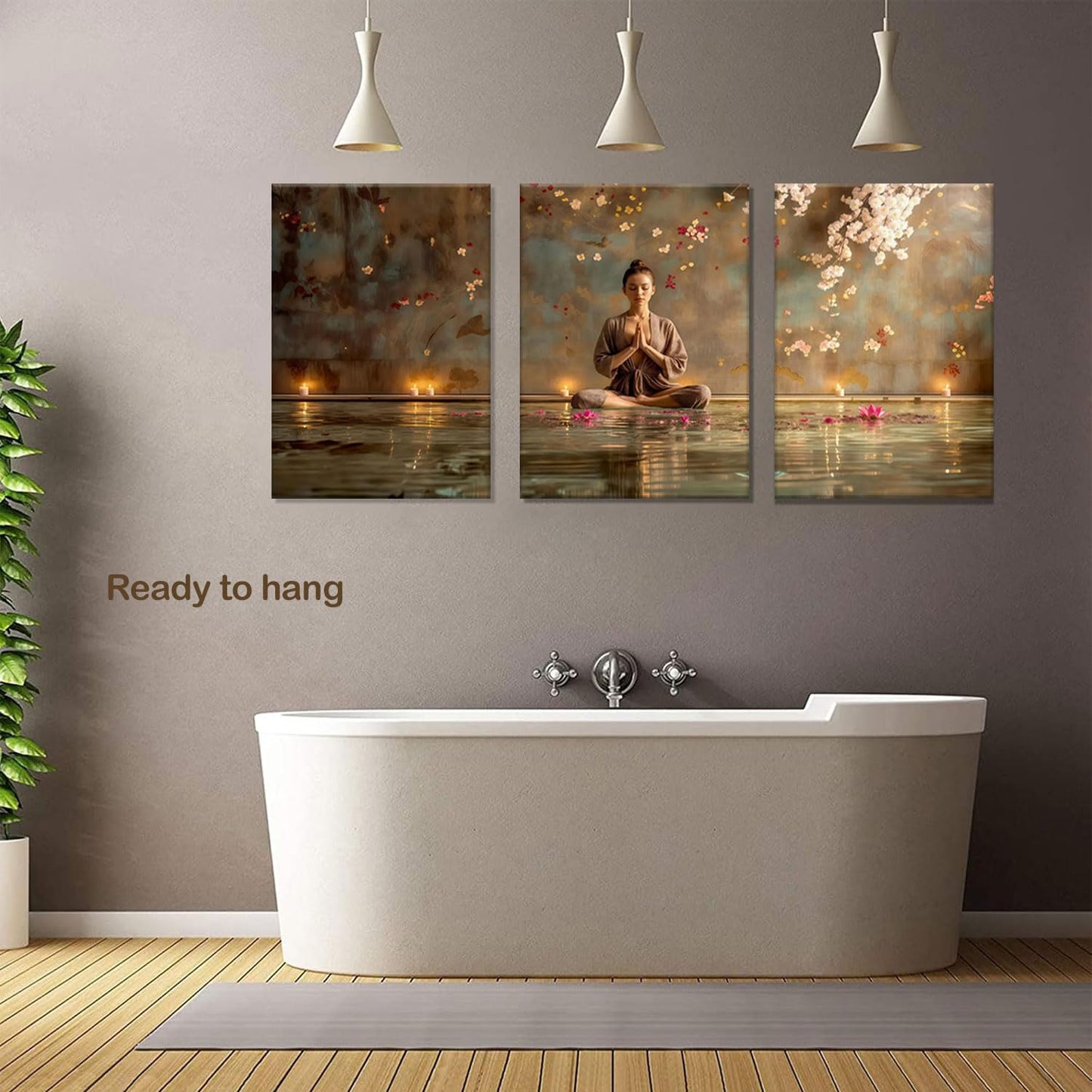 Framed Abstract Yoga and Meditation Wall Art 3 Piece Set - Living Room Yoga Studio Spa Meditation Buddha and Floating Lotus Wall Decoration with Candles and Cherry Blossoms, Serene Woman Unstressing, For Home, Office, Bedroom, Multi-coloured Contemporary