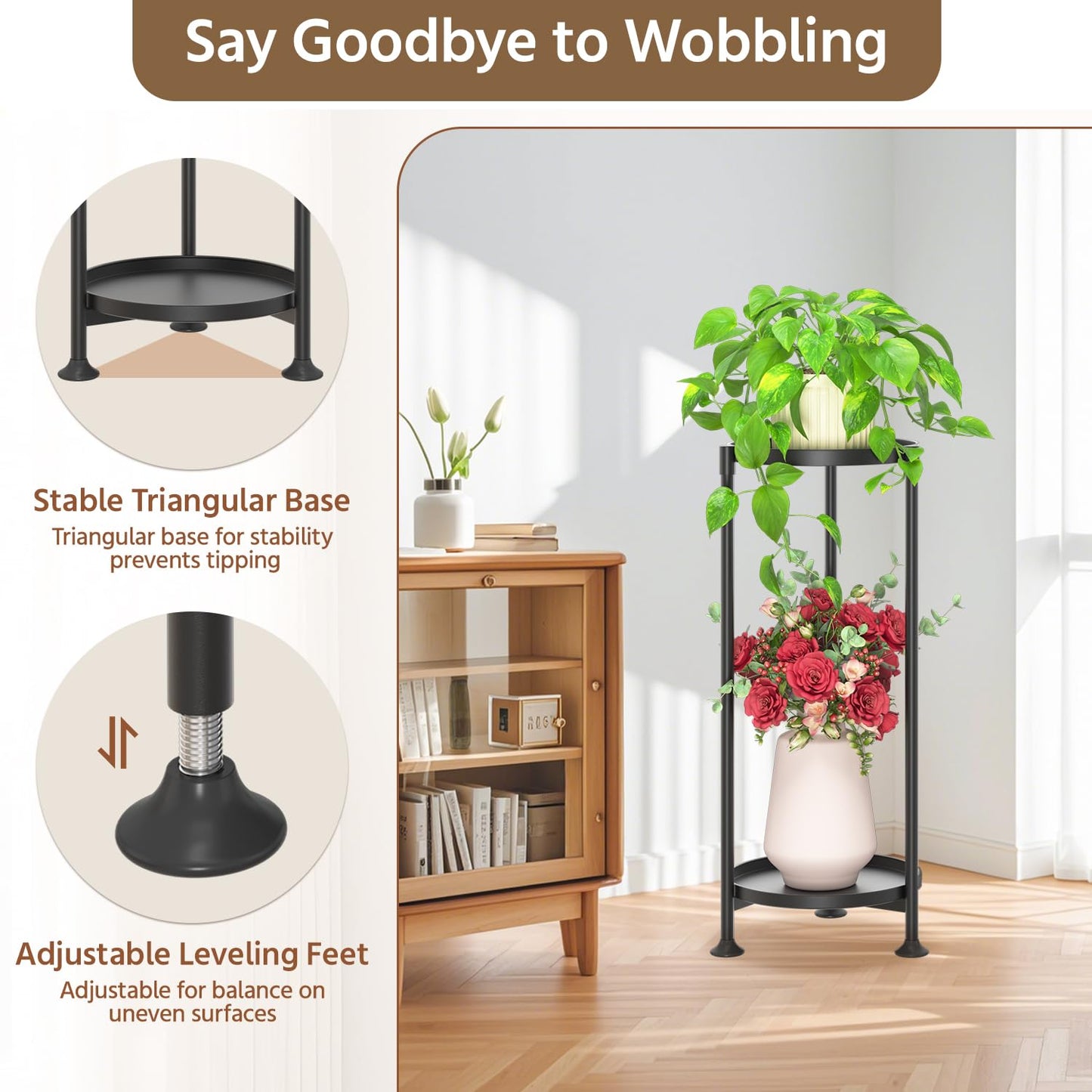 LASZOLA 2 Tier Black Plant Stand Indoor for Large Tall Heavy Duty Flower Planter, Metal Vertical Multi Level Rack for Narrow Floor Corner, Sturdy Round Holder Organizer, Modern, Mid Century, Farmhouse