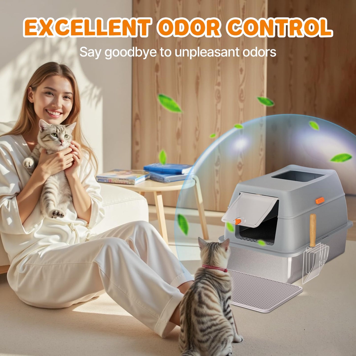 Stainless Steel Litter Box with Lid, 8” Deep Pan, Extra Large Litter Box for Big Cats, Anti-Leakage, Odor Free, Front & Top Dual Entry, Includes Litter Mat & Metal Scoop